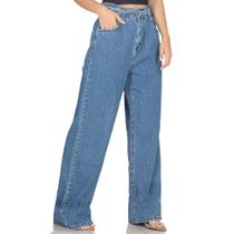 Calça Jeans Wide Leg Feminina Cintura Alta Com Cinto Premium