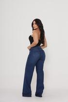 Calça Jeans Wide Leg Feminina Cintura Alta Lavagem Escura Barra Desfiada Sem Elastano
