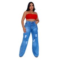 Calça Jeans Wide Leg Feminina Cintura Alta Rasgada Boca de Sino Pantacourt