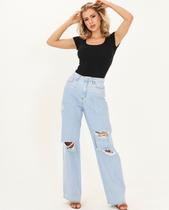 Calça Jeans Wide Leg Feminina Cintura Alta Rasgos 22644 Clara