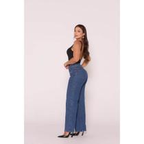 Calça Jeans Wide Leg Feminina com Lycra Cintura Alta Recorte Lateral Modeladora Premium Calça Jeans Wide Leg Feminina com Lycra Cintura Alta Recorte Lateral Modeladora Premium