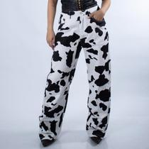 Calça Jeans Wide Leg Feminina Estampada Black Cow Vaquinha Moda Country Cintura Alta Texas Ranch