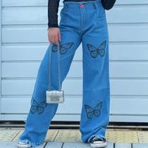 Calça Jeans Wide Leg Feminina Infantil Juvenil Com Estampa Borboleta Calça Jeans Wide Leg Feminina Infantil Juvenil Com Estampa Borboleta