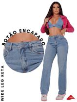 Calça Jeans Wide Leg Fit Reta Cintura Alta Com Lycra