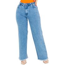 Calça Jeans Wide Leg Lisa Barra Desfiada Cintura Alta