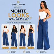 Calça jeans wide leg pantalona feminina premium cintura alta modelagem que valoriza a silhueta