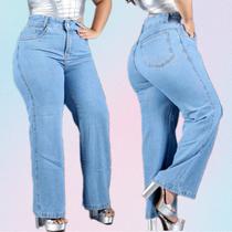 Calça Jeans Wide Leg Plus Sive 48 ao 54 Cor Azul Feminina Cintura Alta Com Barra Feita Sem Lycra 100 Jeans Premium