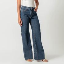 Calça Jeans Wide Leg Recortes Azul Escuro