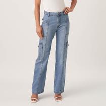 Calça Jeans Wide Leg Recortes E Bolsos Cargo Azul