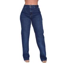 Calça Jeans Wide Leg Reta Dois Botões Pregas na Cintura Pantalona Modeladora