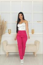 Calça Jeans Wide Leg Rosa PInk Tendência Premium Cintura Alta Versão Lisa