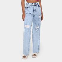 Calça Jeans Wide Leg Sawary Destroyed Barra Fio Cintura Alta Feminina