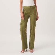 Calça Jeans Wide Lege Recortes E Bolsos Cargo Verde Oliva