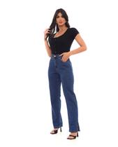 Calça Jeans Wide Loose Feminina Cintura Alta Abertura Lateral 23099 Escura