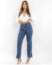 Calça Jeans Wide Loose Feminina Cintura Alta Abertura Lateral Barra 02920 Escura