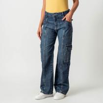 Calça Jeans Wide Recortes Cargo