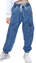Calça jogger cargo jeans feminina SANGTREE com cintura elástica Calça jogger cargo jeans feminina SANGTREE com cintura elástica