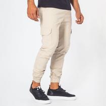 Calça Jogger Cargo Masculina De Sarja Com Elastano Bege