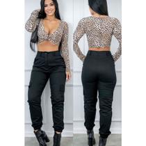Calça Jogger Cargo Sarja Feminina Com Bolso Tendência Calça Jogger Cargo Sarja Feminina Com Bolso Tendência