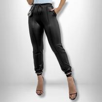 Calça Jogger Feminina Cirre Preto material sintético Moda Blogueira