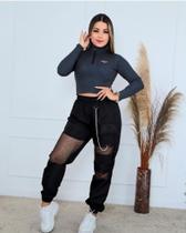 Calça Jogger Feminina Com Corrente Tactel Moda Gringa