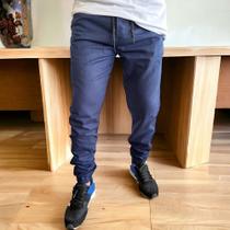 calça jogger masculina azul marinho slim em sarja lançamento