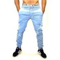 Calça jogger masculina jeans rasgado slim em sarja camuflado com elastano