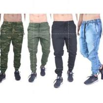 Calça Jogger Masculina Jeans, Sarja com Elástico e Bolso