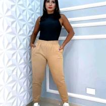 Calça Jogger Moletom Bolso Flanelado Feminina Cintura Alta