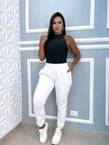 Calça Jogger Moletom Bolso Flanelado Feminina Cintura Alta