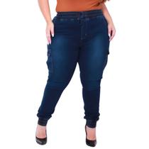Calça Jogger Plus Size Feminina Jeans com Bolso Cargo Lavagem Escura - Kiridas Jeans