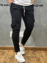 Calça Jogger Preta Cargo Linha Detalhe Linha Branca