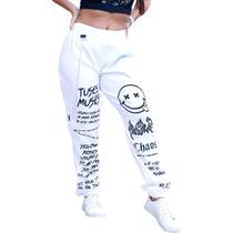 Calça Jogger Smile Street Emoji Corta Vento Skate Corrente Estampada Silk Cintura Alta Corta Vento