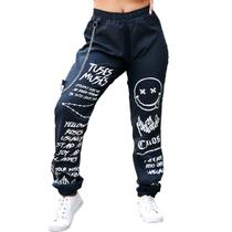 Calça Jogger Smile Street Emoji Corta Vento Skate Corrente Estampada Silk Cintura Alta Corta Vento