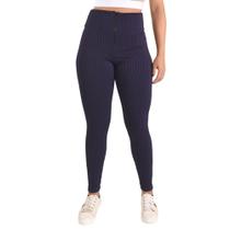 Calça Legging 3D Malha Canelada Com Zíper Azul Marinho