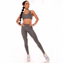 Calça Legging Feminina Cintura Alta Fitness Cós Franzido Cinza