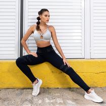 Calça Legging Feminina Preta Detalhes Tecido Refletivo Frente Calça Legging Feminina Preta Detalhes Tecido Refletivo Frente