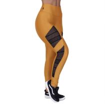 Calça legging fitness feminina wonder poliamida recortes em tela orbis-mostarda - Orbis Fitness