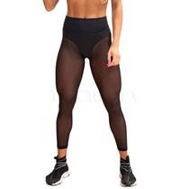 Calça Legging Fitness Sexy com Pernas em Tule Transparente