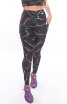 Calça legging poliamida com bolso ondas preto e rosa