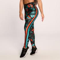 Calça Legging Suplex Estampado Preto Verde e Laranja Abstrat