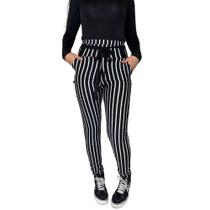 Calça Listrada Fristyle Skinny Feminina Amarração Cintura Alta Calça Listrada Fristyle Skinny Feminina Amarração Cintura Alta