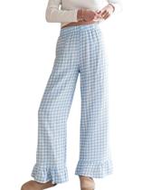 Calça lounge de perna larga com estampa xadrez codcm feminina azul tamanho S