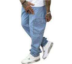 Calça Masculina Cargo Jeans Claro Cos Elástico Cordão Skatista Calça Masculina Cargo Jeans Claro Cos Elástico Cordão Skatista