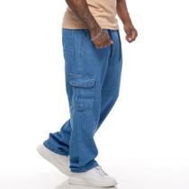 Calça Masculina Cargo Jeans Larga Lisa com Bolso