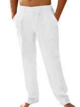 Calça Masculina Casual PASLTER de Linho Branca, Corte Solto