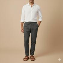 Calça Masculina de Linho Reta Elástico com Cordão Confortável Casual Social Praia Verão Chique Old M