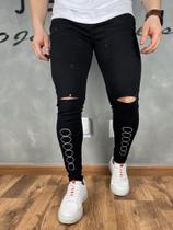 Calça Masculina Preta Jeans Super Skinny Detalhe na Estampa