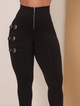 Calça Modeladora Legging Power Feminino com Detalhe de Cintos Lateral e Ziper Elegante