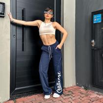 Calça Modelo Largo Blogueira Com Estampa Challenge Azul